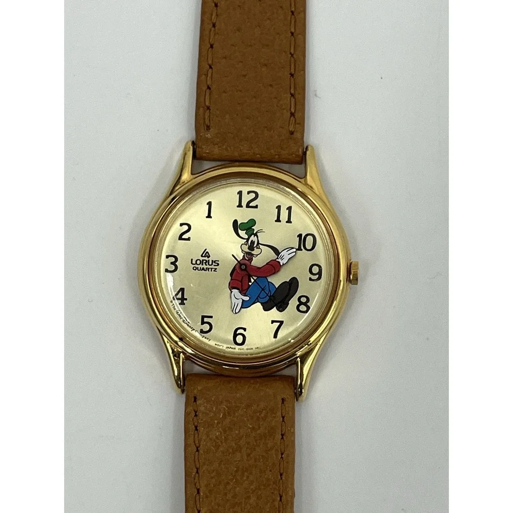 Lorus V516-6A00 Backwards Disney Goofy Leather Quartz Analog Watch Needs Battery